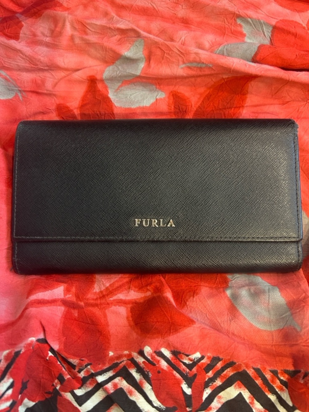 Furla Black Saffiano Leather Continental Wallet with Gold Logo